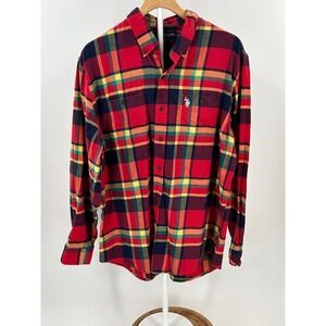 US Polo Assn Mens XL Plaid Button Down Shirt Red Yellow Navy Blue Stretch‎ L/S